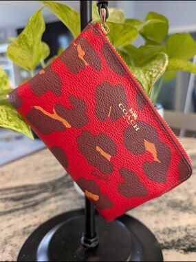 Coach Red Leopard Print Zip Pouch Wristlet